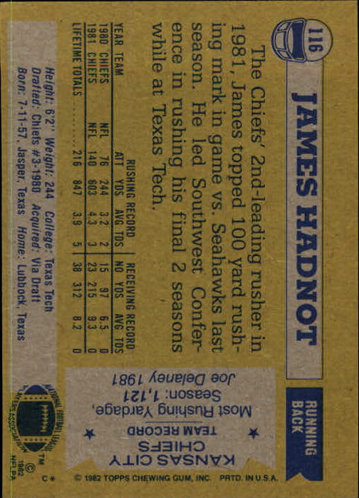1982 Topps #116 James Hadnot back image