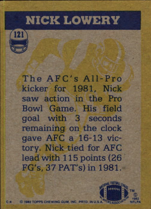 1982 Topps #121 Nick Lowery IA back image