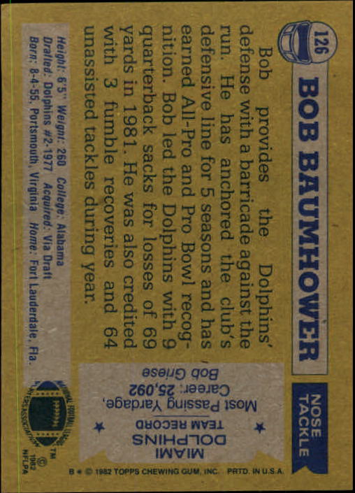 1982 Topps #126 Bob Baumhower back image