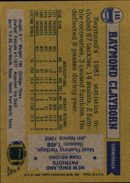 1982 Topps #145 Raymond Clayborn back image