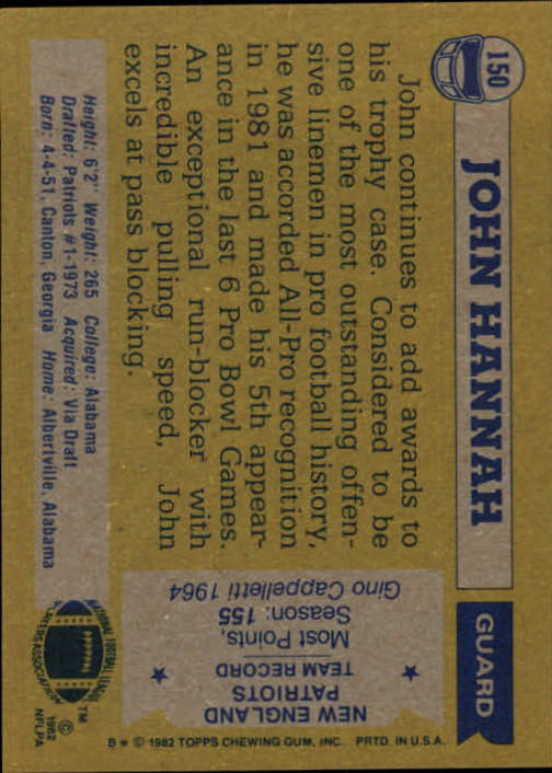 1982 Topps #150 John Hannah AP back image