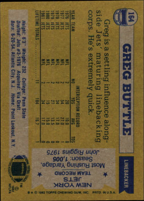 1982 Topps #164 Greg Buttle back image