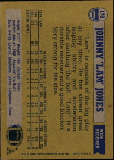 1982 Topps #170 Johnny Lam Jones back image