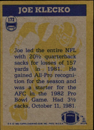 1982 Topps #172 Joe Klecko IA back image