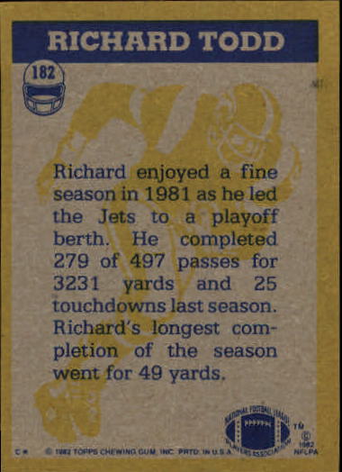 1982 Topps #182 Richard Todd IA back image