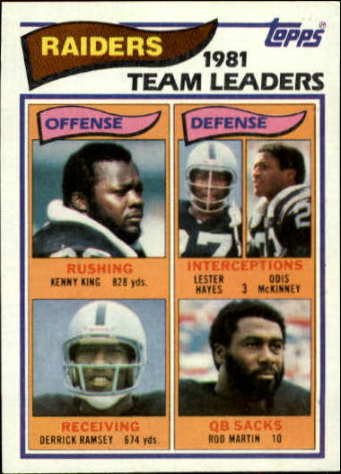 1982 Topps #185 Oakland Raiders TL/Kenny King/Derrick Ramsey/Lester Hayes/Odis McKinney/Rod Martin