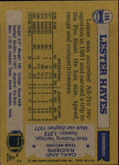 1982 Topps #189 Lester Hayes back image