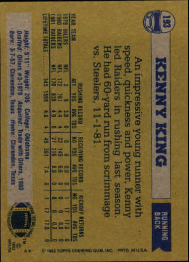 1982 Topps #193 Kenny King back image