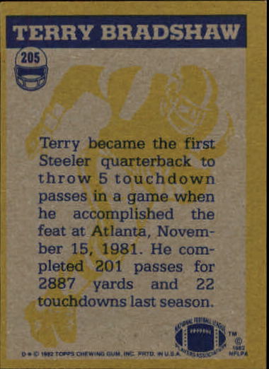 1982 Topps #205 Terry Bradshaw IA back image