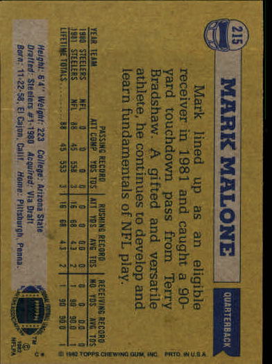 1982 Topps #215 Mark Malone RC back image