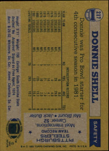 1982 Topps #217 Donnie Shell AP back image