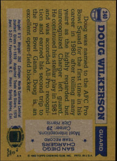 1982 Topps #240 Doug Wilkerson back image