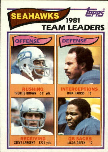 1982 Topps #243 Seattle Seahawks TL/Theotis Brown/Steve Largent/John Harris/Jacob  Green - NM-MT - Bakersfield.cards