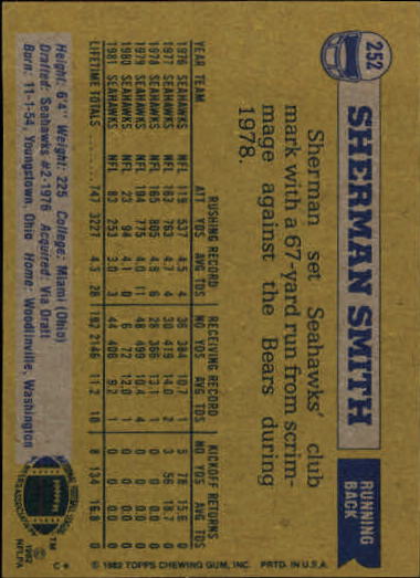 1982 Topps #252 Sherman Smith back image