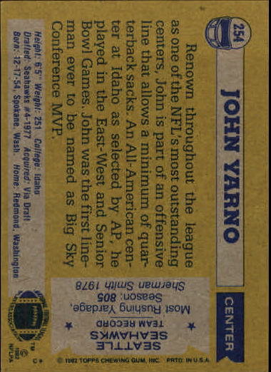 1982 Topps #254 John Yarno back image