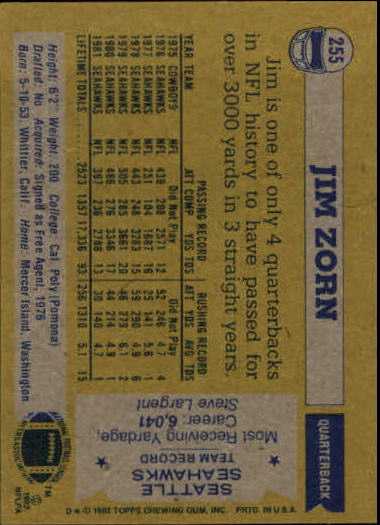 1982 Topps #255 Jim Zorn/(Sitting with Dave Krieg) back image