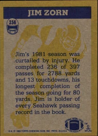 1982 Topps #256 Jim Zorn IA back image