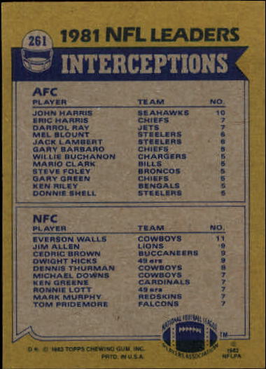 1982 Topps #261 Interception Leaders/John Harris/Everson Walls back image