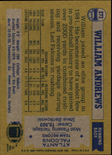 1982 Topps #272 William Andrews back image
