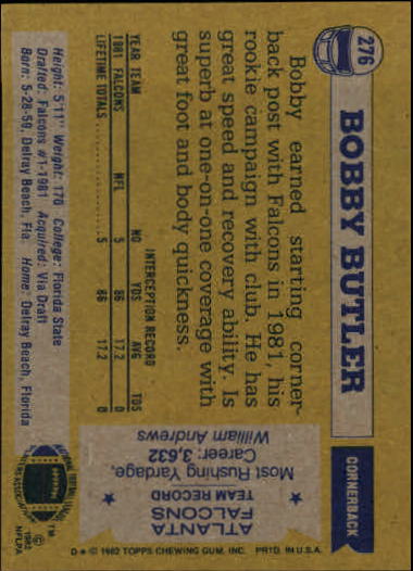 1982 Topps #276 Bobby Butler RC back image