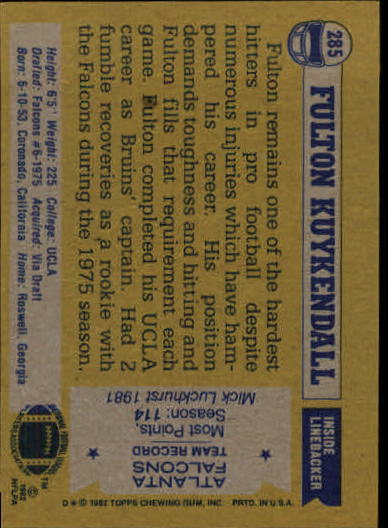 1982 Topps #285 Fulton Kuykendall back image