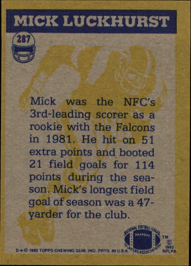 1982 Topps #287 Mick Luckhurst IA back image