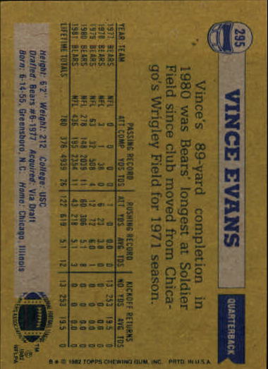 1982 Topps #295 Vince Evans back image