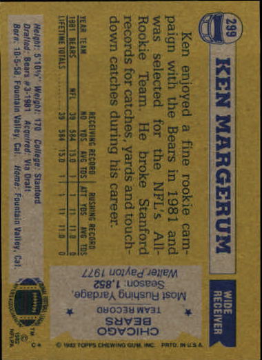 1982 Topps #299 Ken Margerum back image