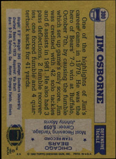 1982 Topps #300 Jim Osborne back image