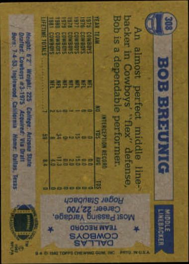 1982 Topps #308 Bob Breunig back image