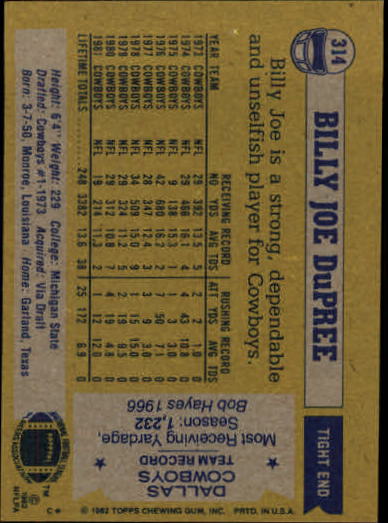 1982 Topps #314 Billy Joe DuPree back image