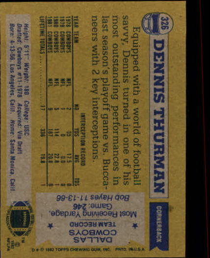 1982 Topps #326 Dennis Thurman RC back image
