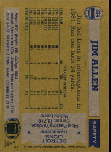 1982 Topps #334 Jim Allen back image