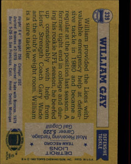 1982 Topps #339 William Gay RC back image