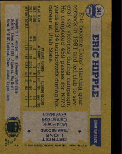 1982 Topps #341 Eric Hipple RC back image
