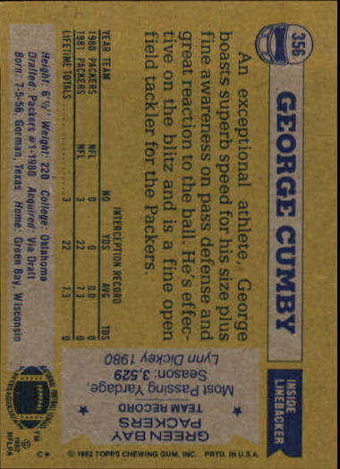 1982 Topps #356 George Cumby back image