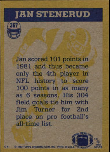 1982 Topps #367 Jan Stenerud IA back image