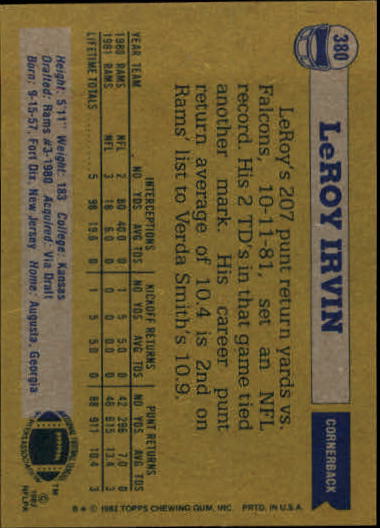 1982 Topps #380 LeRoy Irvin RC back image