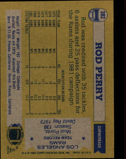 1982 Topps #382 Rod Perry back image