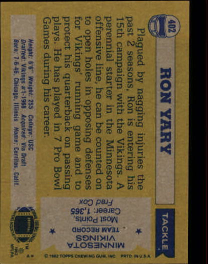 1982 Topps #402 Ron Yary back image