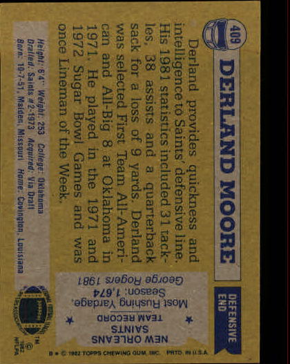 1982 Topps #409 Derland Moore RC back image