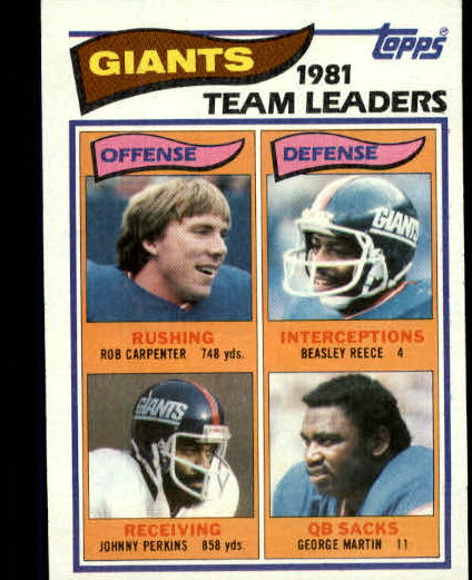 1982 Topps #415 New York Giants TL/Rob Carpenter/Johnny Perkins/Beasley Reece/George Martin