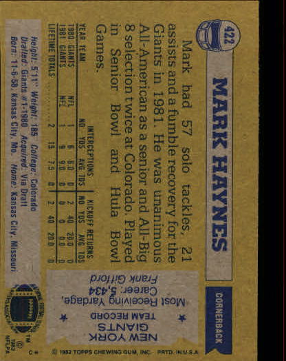 1982 Topps #422 Mark Haynes RC back image