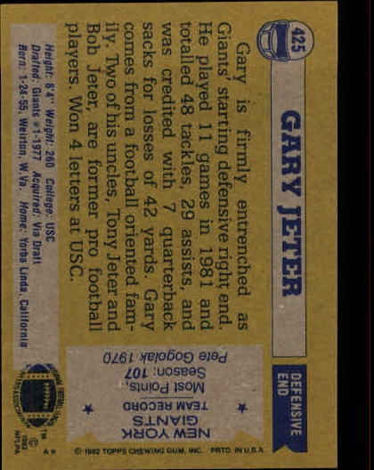 1982 Topps #425 Gary Jeter back image