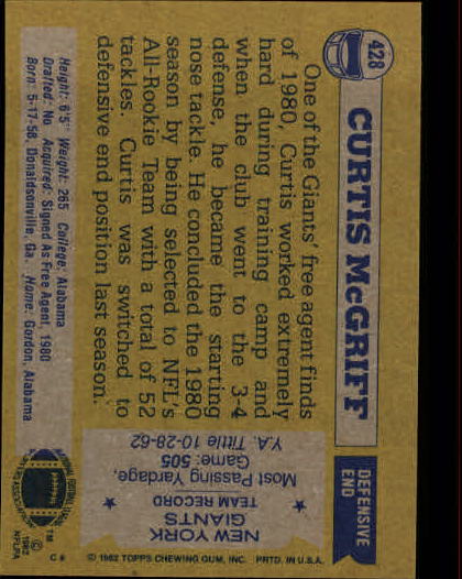1982 Topps #428 Curtis McGriff back image
