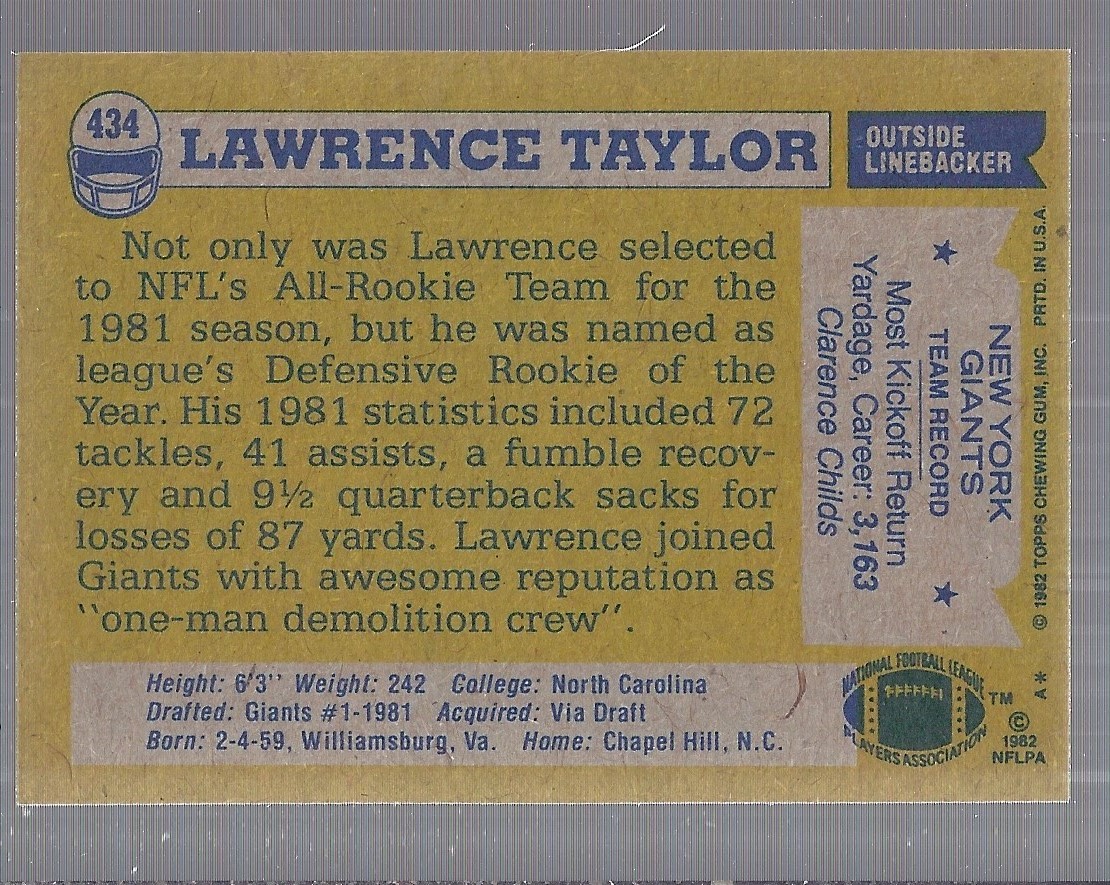 1982 Topps #434 Lawrence Taylor RC back image