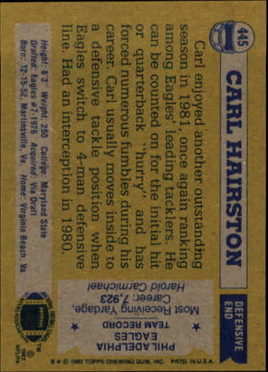 1982 Topps #445 Carl Hairston back image