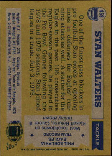 1982 Topps #459 Stan Walters back image