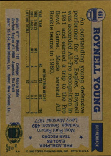 1982 Topps #461 Roynell Young back image