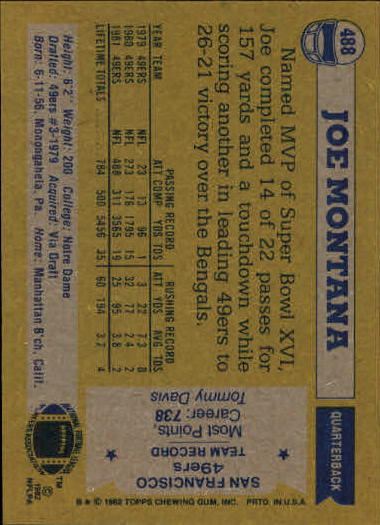 1982 Topps #488 Joe Montana AP back image